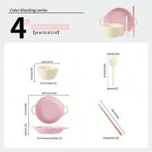 4 Stücke Keramik-Essservice, hochwertig, süßer Stil, ideal zum Fotografieren, beinhaltet Reisschale, Teller, Löffel, Essstäbchen, geeignet für 1 Person - Verschiedenfarbig - Übersicht 14