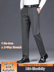Men's Solid Color Dress Pants, Classic Design Slightly Stretch Formal Dress Pants For Business Occasions, Spring And Fall - Grey - View 9