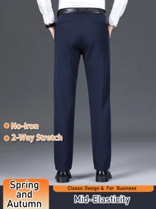 Men's Solid Color Dress Pants, Classic Design Slightly Stretch Formal Dress Pants For Business Occasions, Spring And Fall - 藏蓝色 - 查看 5