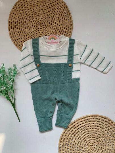 Macacão Jardineira Tricot Listrado Unissex Bebê Unissex Menina Saída Maternidade RN