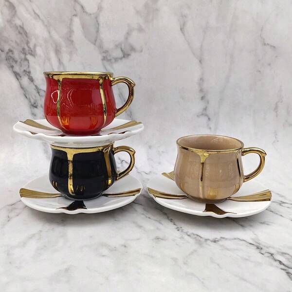 2pcs Ceramic Coffee Cup & Saucer Set, Gilded In Gold, White, Black Or Red Color, 85ml Capacity, Handpainted Decorative Pattern, Suitable For Drinking Coffee, Tea Or Water Back To School