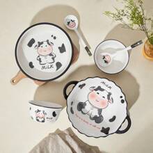 4 Stücke Keramik-Essservice, hochwertig, süßer Stil, ideal zum Fotografieren, beinhaltet Reisschale, Teller, Löffel, Essstäbchen, geeignet für 1 Person - Verschiedenfarbig - Übersicht 3