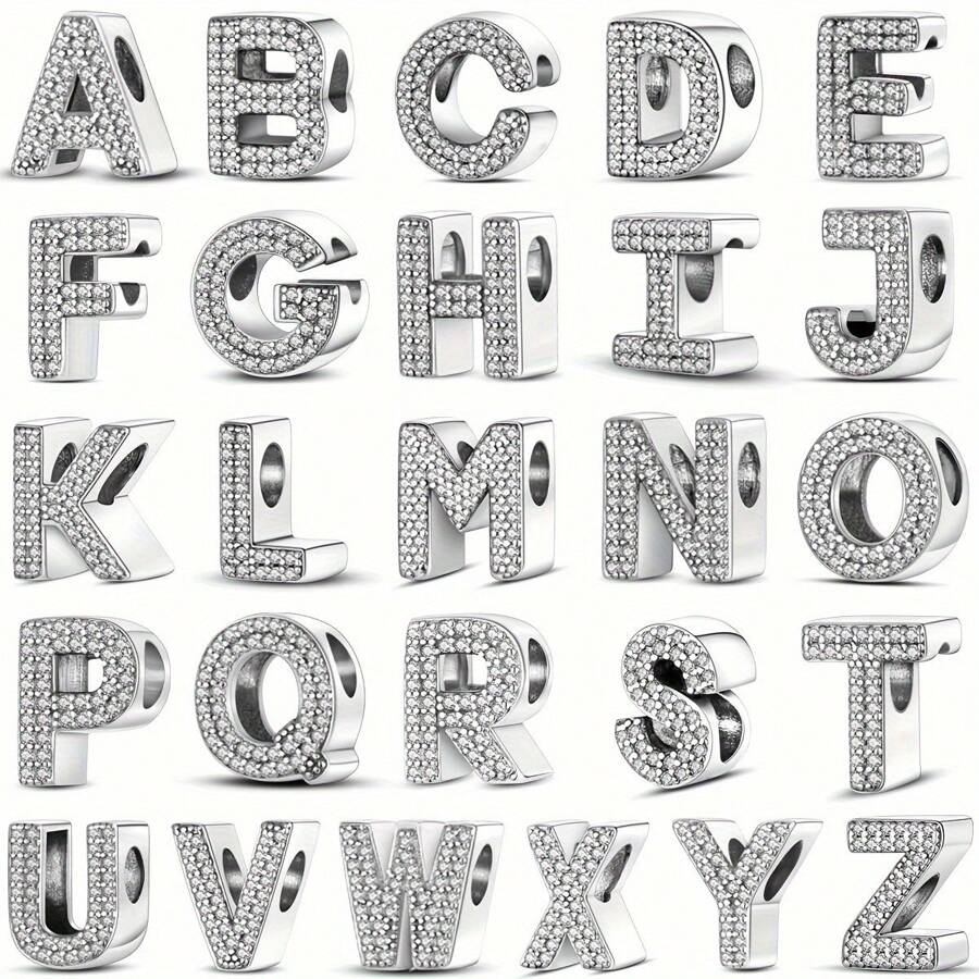 1 件银色闪亮锆石经典百搭 26 英文字母串珠吊坠适合原创蛇手链项链钥匙扣吊坠串珠适用于 DIY 珠宝制作女士生日礼物送给朋友