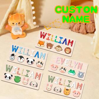 [Custom Puzzle] 1pc Personalized Name Puzzle, Wooden Name Puzzle With Animal Elements, Suitable As Christening, Birthday, Christmas, New Year Gift For Babies, Great 1st Birthday Present For Boys And Girls, Only Supports English Letters,Name Blocks,Custom Toy,Personalised Girls