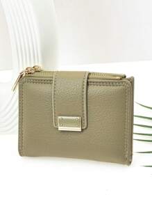 新款 女士按扣式短款钱包 精致柔软 PU 双层拉链零钱包 卡槽 简约时尚 轻便钱包 钱包 迷你钱包 小钱包