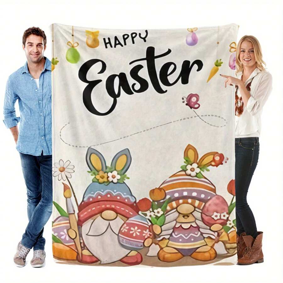 1pc "Happy Easter" Gnome-Themed Flannel Blanket - Lightweight & Cozy, Ideal For Sofa, Bed, Office Chair, Outdoor Camping - Colorful Easter Eggs & Bunny Design, Tear-Resistant, All-Season Comfort, Machine Washable - Perfect Holiday & Birthday Gift, Gnome Blanket - White - View 1