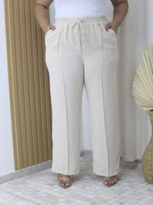 Duna Women's Plus Size Wide Leg Pants With Pocket - 米色 - 查看 2