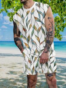 男士夏季休闲度假全印花无袖背心和短裤套装 - 彩色 - 查看 5