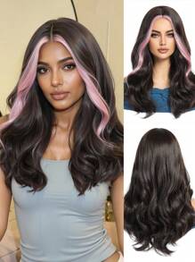 Stylish 18-Inch Pink Long Curly Hair With Bangs Highlights Synthetic Heat-Resistant Fiber Wig Women's Wigs Are Perfect For Holiday Party Everyday Wear