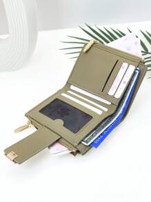 新款 女士按扣式短款钱包 精致柔软 PU 双层拉链零钱包 卡槽 简约时尚 轻便钱包 钱包 迷你钱包 小钱包