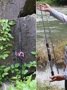SOUGAYILANG Caña de pescar de 1.8M con 2 secciones de fibra de carbono, con mango cómodo de EVA en color rojo/morado, caña de pescar giratoria/de lanzamiento para pesca en agua dulce