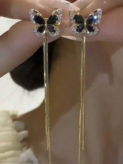 1 Pair Elegant Black Crystal Butterfly Ear Studs, Adjustable Dangle Design, Slimming Effect, Suitable For Daily Wear And Holiday Gift Valentine's Day Accessories