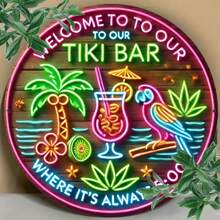 Bienvenido a nuestro Bar Tiki "Letrero de aluminio circular - 8x8 pulgadas, resistente a los rayos UV y a los arañazos, fácil de colgar para decoración interior y exterior, decoración de habitación, decoración de jardín, decoración de boda, decoración del hogar - Rosa Fucsia - Ver 8