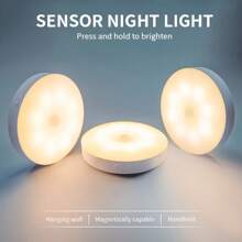 3pcs Motion-Sensor LED Night Lights With Touch Control, Adjustable Brightness, Warm & Cool White, USB Rechargeable, Easy To Install Magnet Mount For Bedroom, Stairs, Closet, Indoor Use With Sensor Function