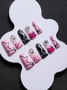 10pcs Long Almond-Shaped Pink Leopard Pattern French Style Handmade Nail Art Tips, Y2K Glam Rhinestone Decor Press On Nails