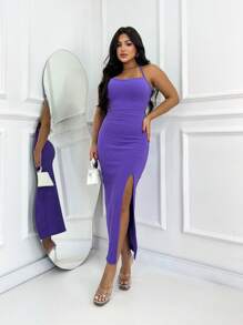Women's Long Dress With Open Back, Braided Premium Fabric, Slit - 紫丁香色 - 查看 1
