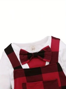 Conjunto navideño para bebé niño, mono y pantalón de manga larga con estampado navideño de dibujos animados y pantalones con tirantes a cuadros - Blanco - Ver 6