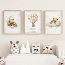 3pcs Children's Room Cartoon Bear Decoration Poster Hanging Picture Suitable For Kindergarten Toy City Wall Shanghai Newspaper Printing High Definition Canvas Material Mural Optional Frame
