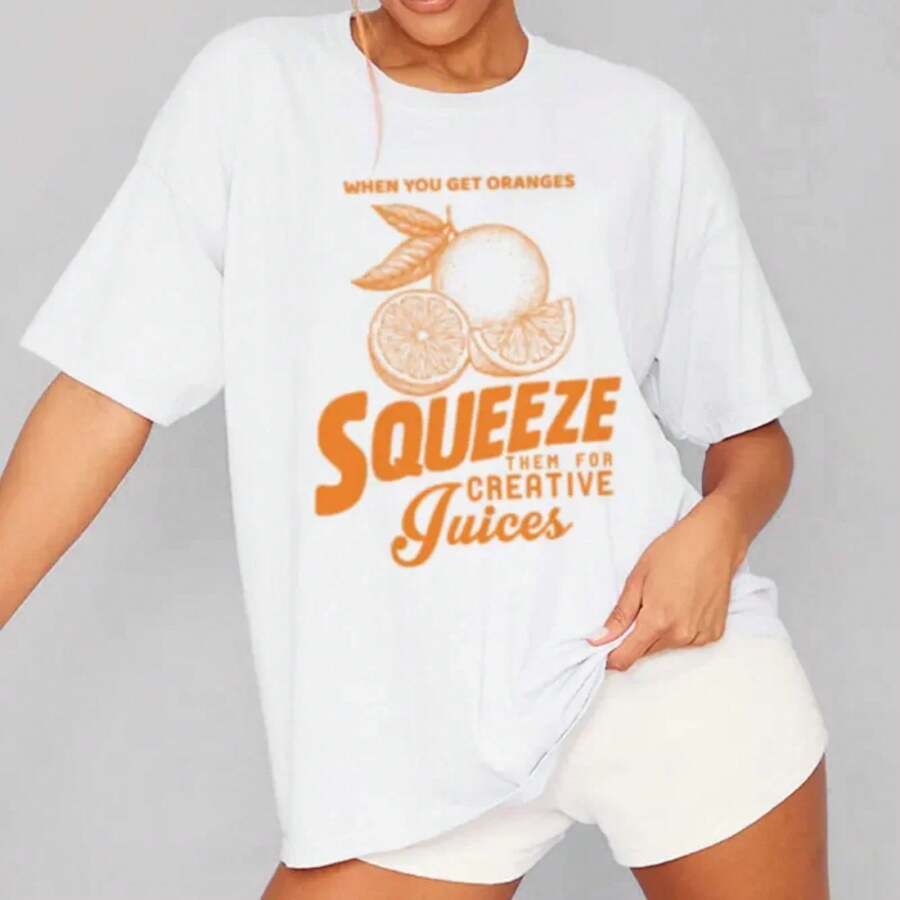 Orange Fruit Printed Retro T-Shirt Cute Inspirational Quotes T Shirt Vintage Aesthetic Graphic Tees Women Summer Fashion Clothes - White - View 1