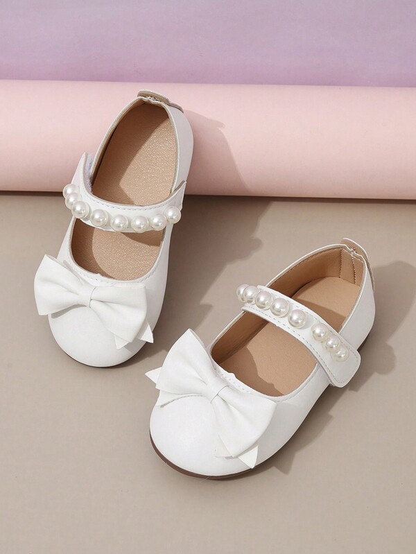 1 Pair Girls Solid Bowknot Pearl PU Hook And Loop Cute Flat Shoes, Suitable For All Seasons