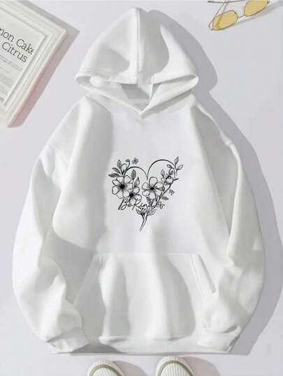 Sudadera de mujer con estampado de letras Heart Bouquet Cómoda y relajada sudadera con capucha y estampado de ramo de corazones oversize Sudaderas de Mujer