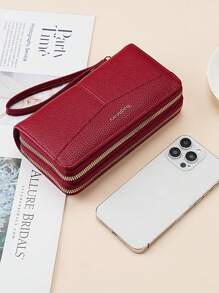 Women Long Patchwork Zipper Wallet Multi-Card Slots Phone Pouch Handbag Coin Purse Wallet Purse Wallet Long Wallet Wristlet Wallet - Burgundy - View 3