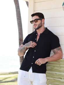 TRICOT DE LUXO Men's Short Sleeve Polo Collar Knit Shirt Blouse Summer Spring Men Casual High Quality Immediate Shipping - 黑色 - 查看 3