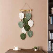 1pc Macrame Wall Hanging, Boho Style Wall Decor Tapestry, Handwoven Green Leaf Tassel Wallpaper - Green - View 1