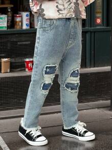 Young Boys' Fashionable Distressed Fringe Straight Leg Jeans, Spring - Baby Blue - View 1