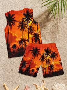 男士热带印花无袖上衣和短裤套装，休闲度假装 - 彩色 - 查看 5