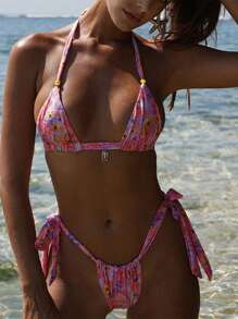 2024 Novos trajes de banho Europeus e americanos Biquíni sexy com alça dupla face e cintura alta para mulheres Biquíni com divisão - Flor Rosa - Ver 1