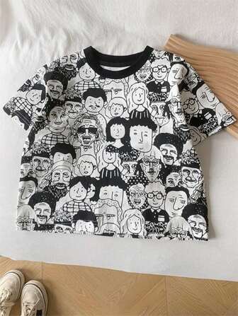 Young Boy Casual Cartoon Graphic Short Sleeve T-Shirt, Summer