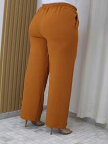 Duna Women's Plus Size Wide Leg Pants With Pocket - Camel - View 4