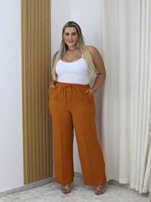 Duna Women's Plus Size Wide Leg Pants With Pocket - Camel - View 1