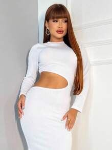 Women's Long Dress With Long Sleeves And Slit And Side Detail - White - View 4