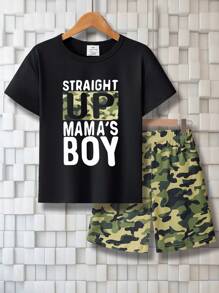 年轻男孩 2 件套休闲口号印花 T 恤和迷彩短裤夏季服装 - 彩色 - 查看 1