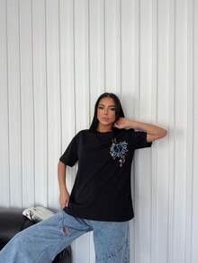 Women Summer Casual Pattern Print Round Neck Short Sleeve T-Shirt - Black - View 4
