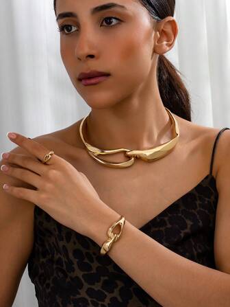 1pc/Set Fashionable Punk Style Exaggerated Design Women's Stainless Steel Jewelry Set Including Necklace, Bracelet, Ring, Luxurious Geometric Chic Stainless Steel Necklace Choker, Suitable For Party, Daily Wear, Autumn/Winter Holiday Gift