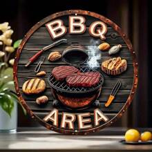 Área de Churrasco Circular de Madeira com um Logo de Madeira Inspirado em Arte de Parede Vintage de Churrasco, com Decorações Externas com Imagens de Bife e Ferramentas, Acessórios Retrô de Bar/Café/Terraço do Quintal, com Diâmetro de 19,8 cm.
