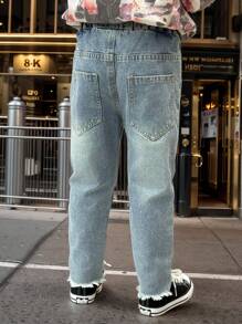 Young Boys' Fashionable Distressed Fringe Straight Leg Jeans, Spring - Baby Blue - View 7