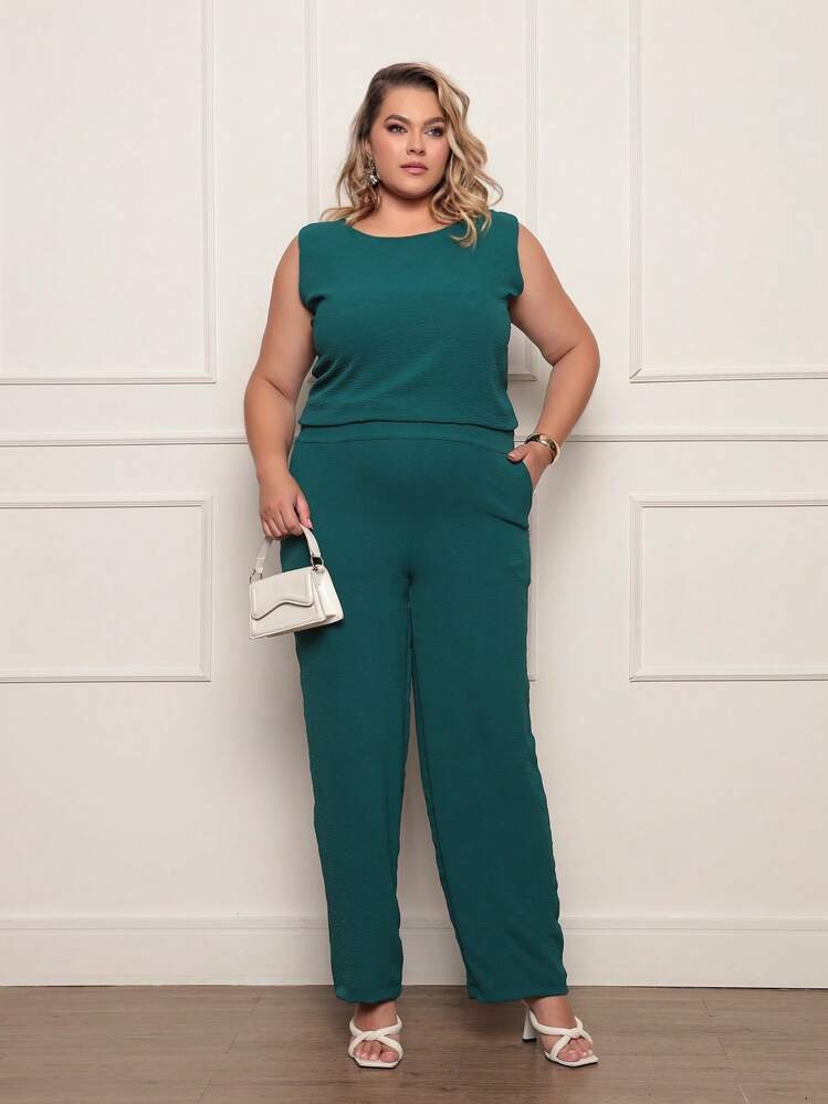 Gigi Estilo Plus Size Women's Two Piece Set, Round Neck Top And Stretchy Wide Leg Pants - Petroleum Green - View 2