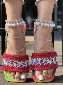 Women Plus Size Bohemian Style Beach Vacation Sandals, Red Woven & Embroidered Decor Flat Slippers