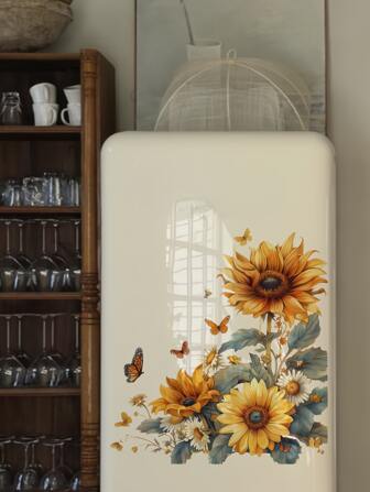 1 pieza Pegatinas de pared con girasol y mariposa de colores, calcomanías adhesivas de acuarela pintadas a mano, adhesivo de PVC impermeable, para decoración del hogar, baño, sala de estar, imán de nevera, dormitorio, estudio, oficina, espejo, cocina
