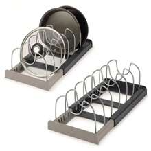 Küchenschrank Organizer für Töpfe und Pfannen, erweiterbares Edelstahlregal, Schneidebrett Trockenregal, Kochgeschirr Regal, erweiterbarer Topf und Pfanne Organizer Regal für den Schrank, Halter für Pfannen- und Topfdeckel mit 6 verstellbaren Unterteilungen für Küchen Organisation
