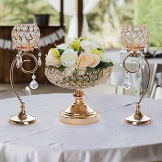 1 Pc Elegant Crystal Bowl And 2pcs Crystal Candle Holder,Wedding/Party/Event Table Centerpiece