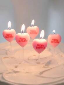 5pcs Pink Heart-Shaped "Happy Birthday" Cake Decorative Candles For Birthday Party