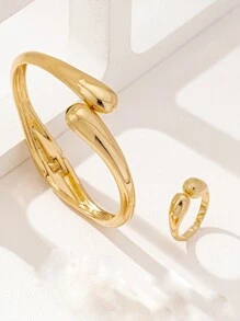 Wedding Season 2pcs Minimalist Elegant Teardrop Jewelry Set, Including 1 Bracelet And 1 Open Ring, Suitable For Daily Life And Parties, Excellent Gift For Women