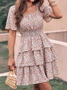 Women's Floral Summer Skirt Square Neck Short Sleeve Layered Peplum Waist Boho Swing Dress - Nền trắng với họa tiết hoa màu cam - Xem 1