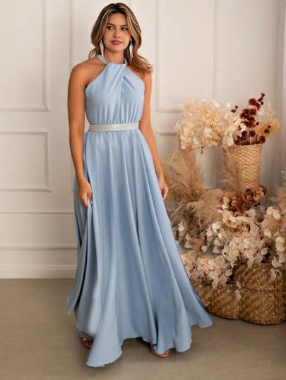 Vestido Madrinha Luxo Alça e Faixa Strass Brilhosa Saia Ampla Festa Casamento