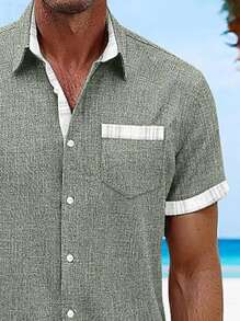 Casual Textured Basic Men's Button Down Collar Short Sleeve Shirt - Army Green - View 3